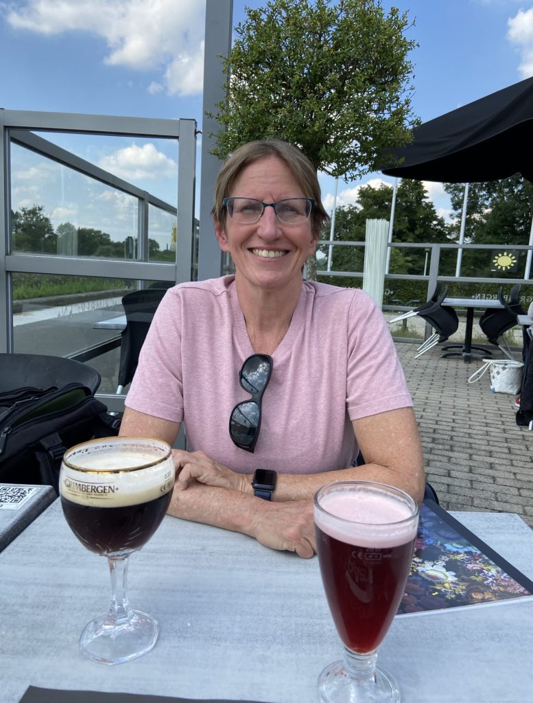 Patricia with a beer
