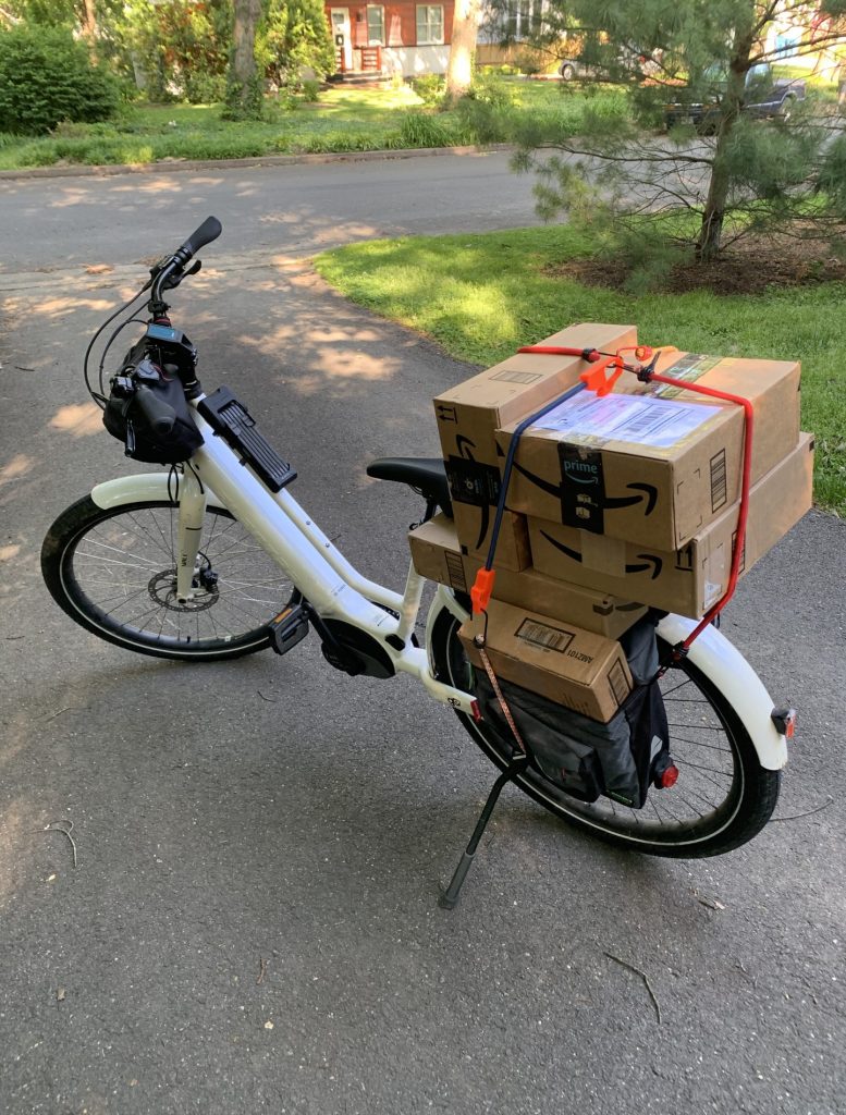 An e-bike loaded with amazon packages