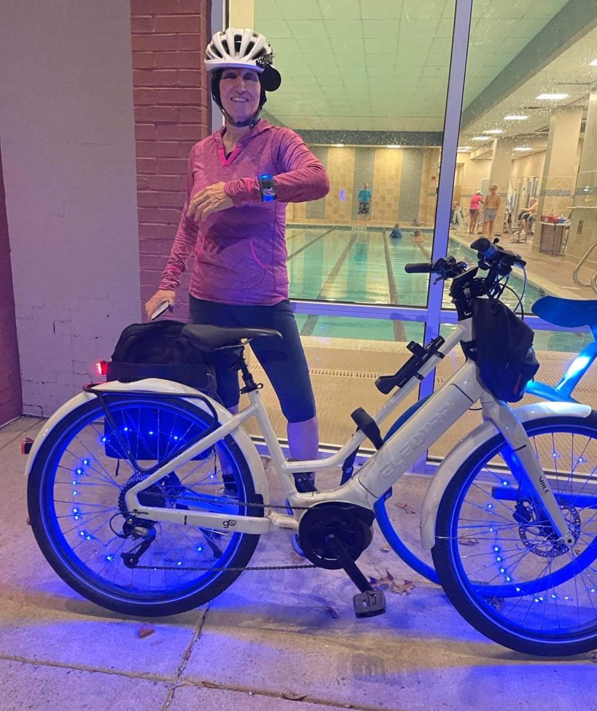 The author and her bike after a workout at the gym