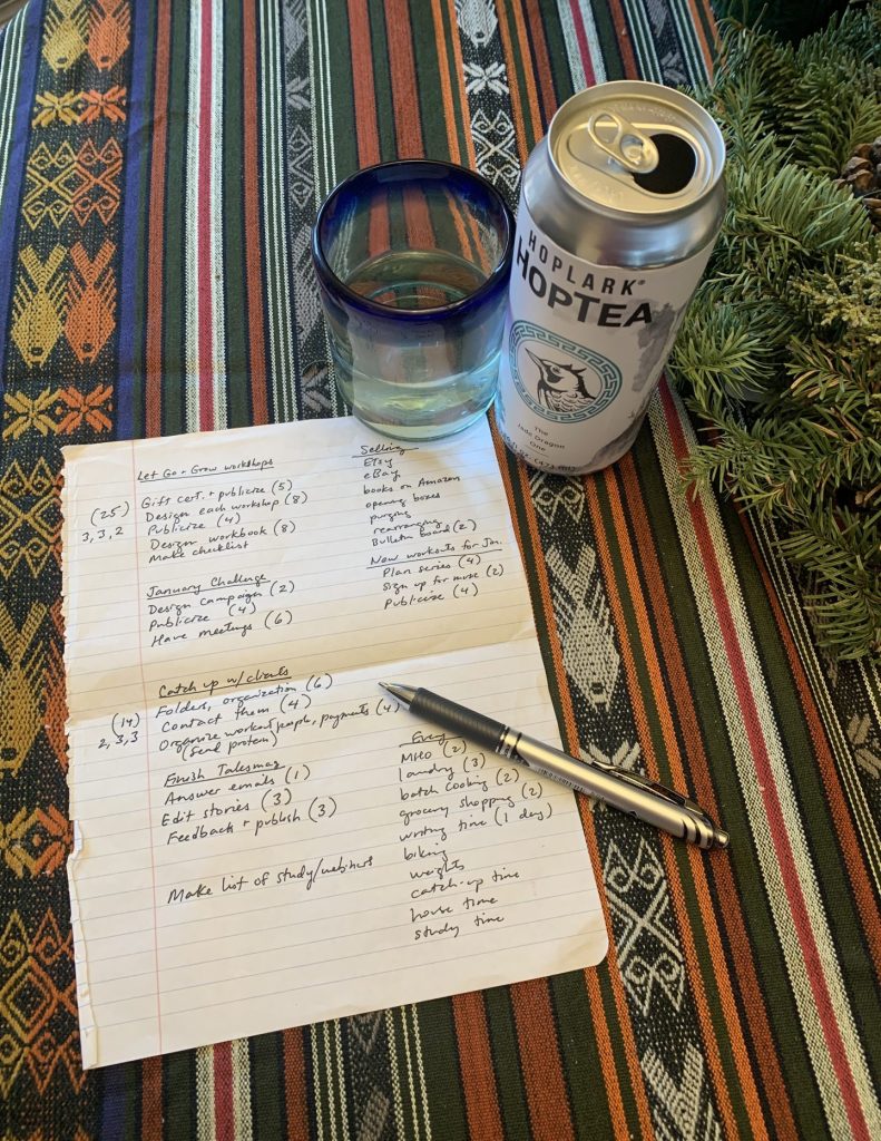 A to-do list on a table with a sparkling water beverage