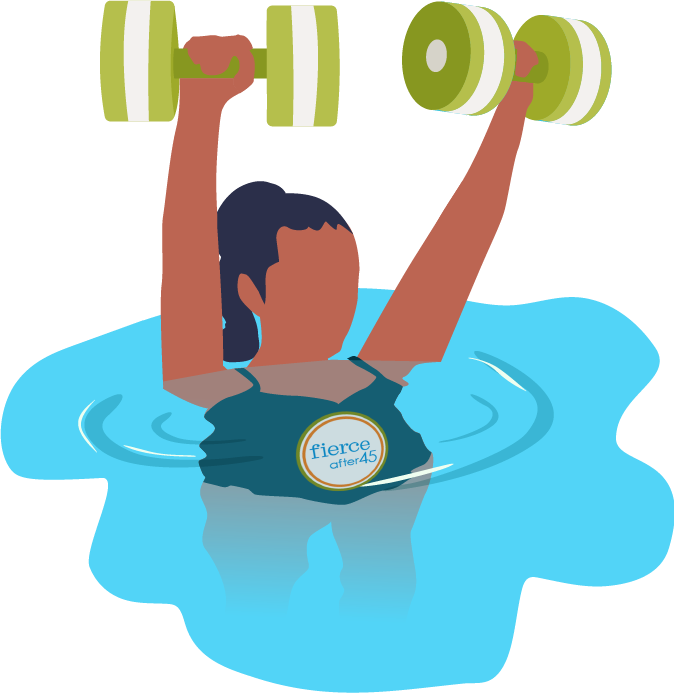 Cartoon woman with Fierceafter45 logo doing water aerobics with foam dumbbells