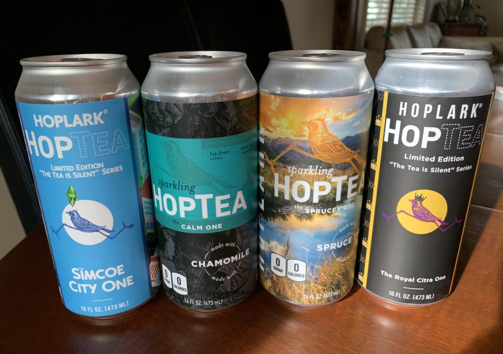 Four cans of sparkling hop tea from Hoplark