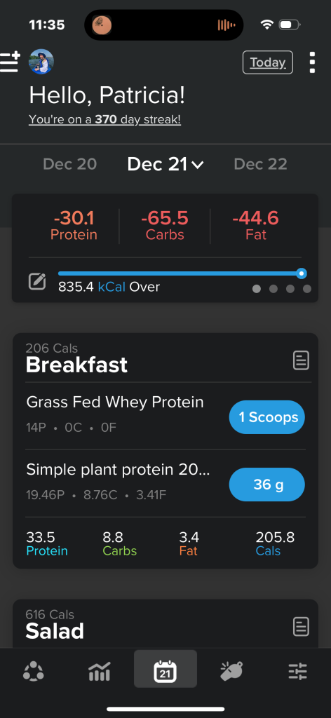Screenshot of a food tracking app showing 835 calories over for the day