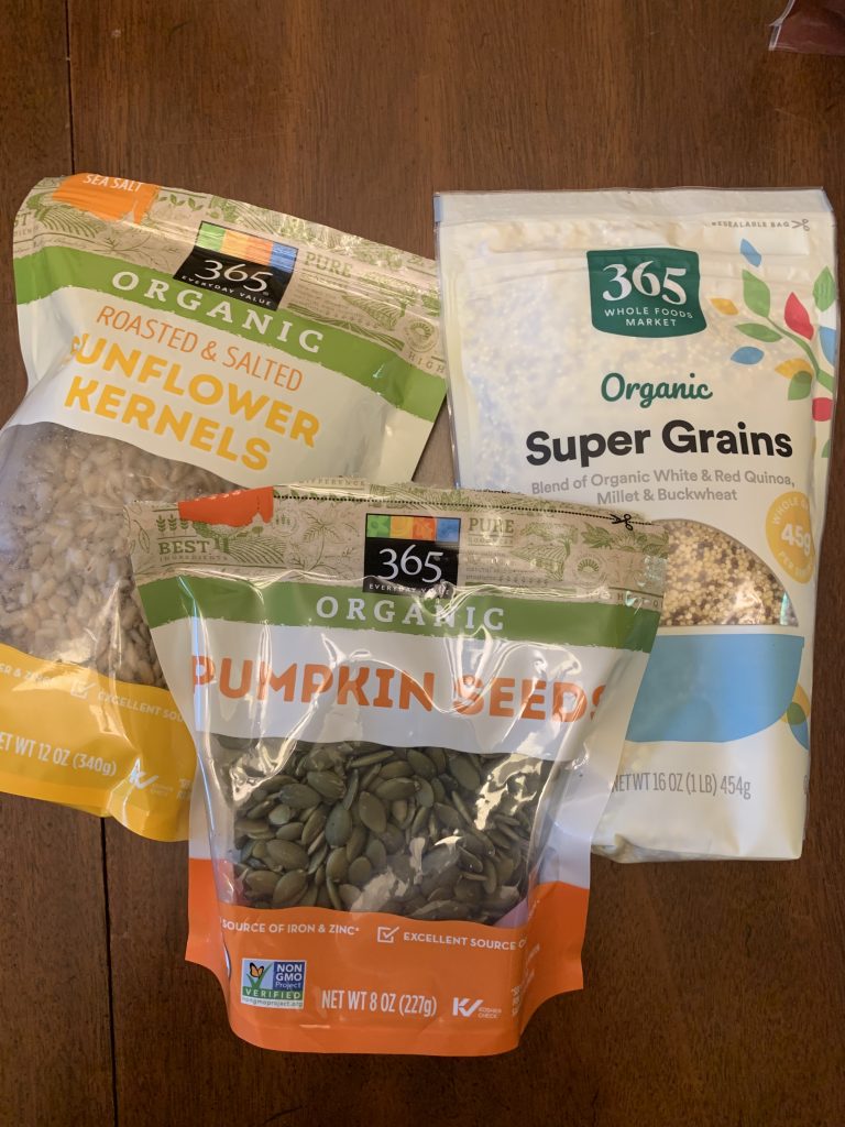 Bags of sunflower kernels, Super Grains and pumpkin seeds