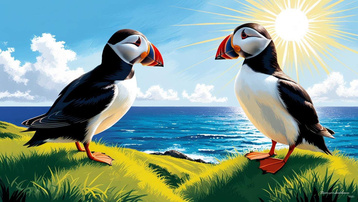 Two cartoon puffins talking to each other